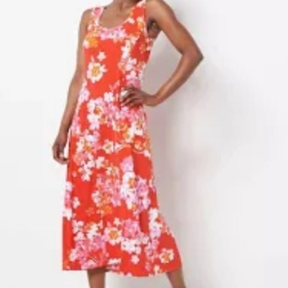 Susan Graver Sleeveless Midi Dress PXL Square Neck Coral Bloom Fit & Flare NWOT